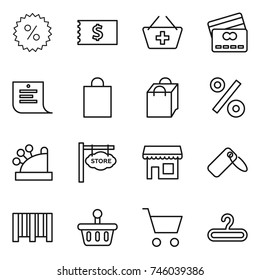 thin line icon set : percent, receipt, add to basket, credit card, shopping list, bag, cashbox, store signboard, shop, label, bar code, cart, hanger