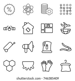 thin line icon set : percent, atom, virtual mining, chip, drawbridge, smart house, consolidated cargo, plane shipping, suitcase, loudspeaker, kettle, walnut crack, honeycombs, udder, gloves, hanger