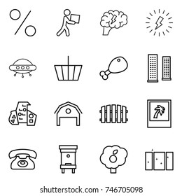 thin line icon set : percent, courier, brain, lightning, ufo, basket, chicken leg, skyscrapers, modern architecture, barn, fence, photo, phone, hive, garden, clean window