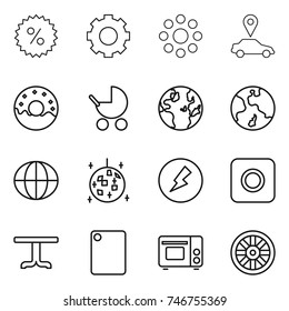 thin line icon set : percent, gear, round around, car pointer, donut, baby stroller, globe, earth, disco ball, electricity, ring button, table, cutting board, grill oven, wheel