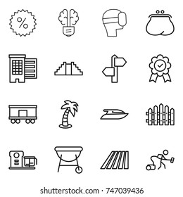 thin line icon set : percent, bulb brain, virtual mask, purse, houses, pyramid, signpost, medal, railroad shipping, palm, yacht, fence, food processor, bbq, field, vacuum cleaner