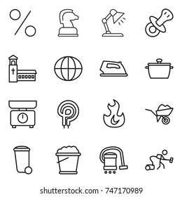 thin line icon set : percent, chess horse, table lamp, nipple, church, globe, iron, pan, kitchen scales, electric oven, fire, wheelbarrow, trash bin, foam bucket, vacuum cleaner