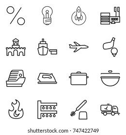 thin line icon set : percent, bulb, rocket, mall, fort, port, plane, golf, cruise ship, iron, pan, cauldron, fire, watering, toilet brush, home call cleaning
