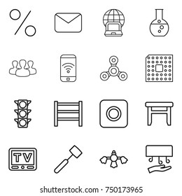 thin line icon set : percent, mail, notebook globe, round flask, group, phone wireless, spinner, cpu, traffic light, rack, ring button, stool, tv, meat hammer, hard reach place cleaning, hand dryer