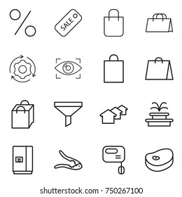 thin line icon set : percent, sale, shopping bag, around gear, eye identity, funnel, houses, fountain, fridge, walnut crack, mixer, steake