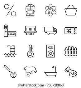 thin line icon set : percent, notebook globe, atom, basket, church, truck shipping, ticket, pool, thermometer, speaker, fence, skimmer, spot, bath, wiping