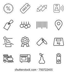thin line icon set : percent, sale, up down arrow, pass card, label, bar code, geo pin, sun potection, medal, heavy, train, grill oven, pear, do not distrub