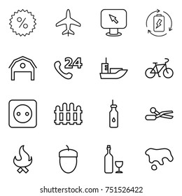 thin line icon set : percent, plane, monitor arrow, battery charge, barn, phone 24, sea shipping, bike, power socket, fence, vegetable oil, scissors, fire, acorn, wine, spot