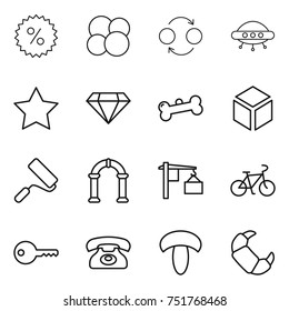 thin line icon set : percent, atom core, quantum bond, ufo, star, diamond, bone, 3d, repair, arch, loading, bike, key, phone, mushroom, croissant