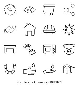 thin line icon set : percent, eye, delivery, molecule, up down arrow, home, building helmet, sun, table, pets, grill oven, pig, horseshoe, hand drop, and, toilet paper