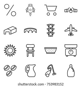 thin line icon set : percent, jet robot, cart, drawbridge, warehouse, bridge, traffic light, airplane, sun, chair, colander, kitchen scales, coffee seeds, jug, vacuum cleaner, cleanser