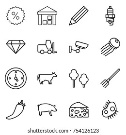 thin line icon set : percent, warehouse, pencil, spark plug, diamond, fork loader, surveillance, jellyfish, watch, cow, trees, hot pepper, pig, cheese, microb