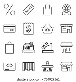 thin line icon set : percent, sale, shopping bag, medal, credit card, receipt, add to basket, shop, cashbox, bar code