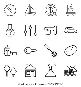 thin line icon set : percent, boat, dollar arrow, presentation, round flask, equalizer, slum, car shipping, port, key, whisk, potato, trees, house, plunger, construct garbage