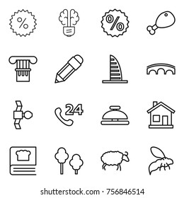 Thin line icon set : percent, bulb brain, chicken leg, column, pencil, skyscraper, bridge, satellite, phone 24, service bell, home, cooking book, trees, sheep, wasp