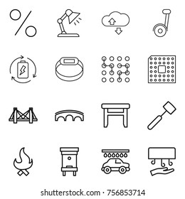 Thin line icon set : percent, table lamp, cloude service, battery charge, smart bracelet, chip, cpu, bridge, stool, meat hammer, fire, hive, car wash, hand dryer