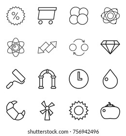 Thin line icon set : percent, delivery, atom core, up down arrow, quantum bond, diamond, repair, arch, clock, drop, croissant, windmill, sun, tomato