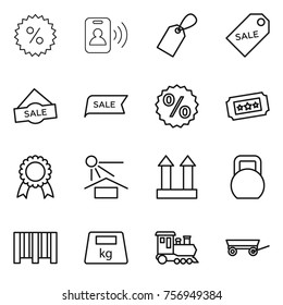 Thin line icon set : percent, pass card, label, sale, ticket, medal, sun potection, cargo top sign, heavy, bar code, train, trailer