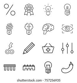 Thin line icon set : percent, medal, bulb, brain, eye identity, infinity power, pencil, add to basket, equalizer, bridge, eggplant