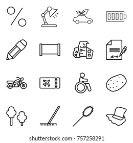 Thin line icon set : percent, table lamp, eco car, battery, pencil, fence, modern architecture, inventory, motorcycle, ticket, invalid, potato, trees, rake, duster, floor washing