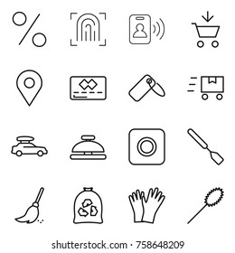 Thin line icon set : percent, fingerprint, pass card, add to cart, geo pin, credit, label, fast deliver, car baggage, service bell, ring button, spatula, broom, garbage bag, gloves, duster