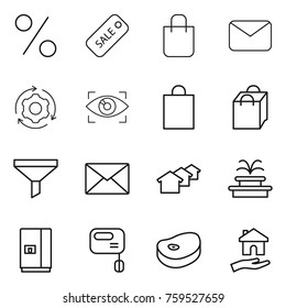 Thin line icon set : percent, sale, shopping bag, mail, around gear, eye identity, funnel, houses, fountain, fridge, mixer, steake, housing