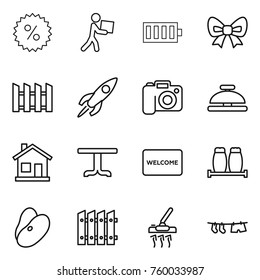 Thin line icon set : percent, courier, battery, bow, fence, rocket, camera, service bell, home, table, welcome mat, salt pepper, beans, vacuum cleaner, drying clothe
