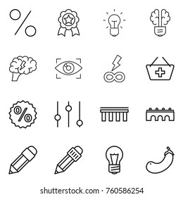 Thin line icon set : percent, medal, bulb, brain, eye identity, infinity power, add to basket, equalizer, bridge, pencil, eggplant