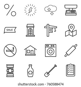 Thin line icon set : percent, lightning, cloude service, market scales, sale, building, tower crane, map, no smoking, home, washing machine, rolling pin, pasta, ketchup, shovel, clipboard list