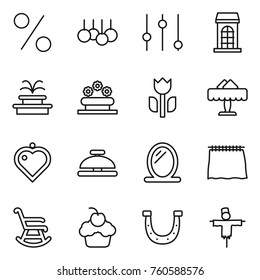 Thin line icon set : percent, sale, equalizer, building, fountain, flower bed, perishable, restaurant, heart pendant, service bell, mirror, curtain, rocking chair, cupcake, horseshoe, scarecrow