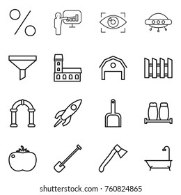 Thin line icon set : percent, presentation, eye identity, ufo, funnel, mansion, barn, fence, arch, rocket, scoop, salt pepper, tomato, shovel, axe, bath