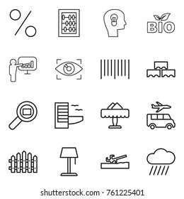 Thin line icon set : percent, abacus, bulb head, bio, presentation, eye identity, bar code, block wall, cargo search, hotel, restaurant, transfer, fence, floor lamp, soil cutter, rain cloud