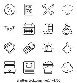 Thin line icon set : percent, abacus, pencil wrench, cloud wireless, drone, calendar, pool, invalid, heart pendant, jellyfish, alarm, rag, double boiler, cooking book, foam bucket, pile of garbage