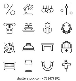 Thin line icon set : percent, table lamp, sale, equalizer, column, fountain, perishable, hawaiian wreath, disco ball, service bell, dresser, crib, floor, horseshoe, scarecrow