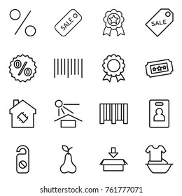 Thin line icon set : percent, sale, medal, label, bar code, ticket, smart house, sun potection, identity card, do not distrub, pear, package, handle washing