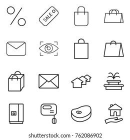 Thin line icon set : percent, sale, shopping bag, mail, eye identity, houses, fountain, fridge, mixer, steake, housing