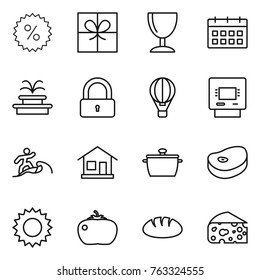 Thin line icon set : percent, gift, wineglass, calendar, fountain, lock, air ballon, atm, surfer, home, pan, steak, sun, tomato, bread, cheese