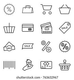 Thin line icon set : percent, shopping bag, cart, basket, credit card, sale label, bar code, real estate