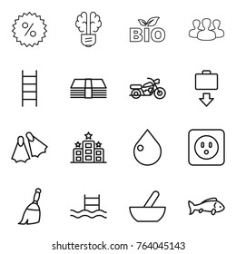Thin line icon set : percent, bulb brain, bio, group, stairs, money, motorcycle, baggage get, flippers, hotel, drop, power socket, broom, pool, mortar, fish
