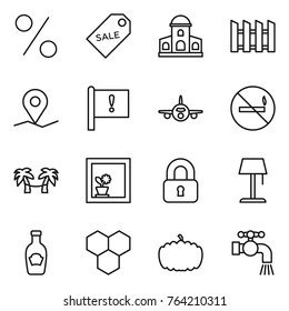 Thin line icon set : percent, sale label, mansion, fence, geo pin, important flag, plane, no smoking, palm hammock, flower in window, locked, floor lamp, ketchup, honeycombs, pumpkin, water tap