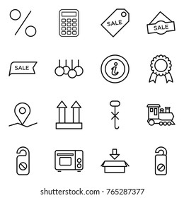 Thin line icon set : percent, calculator, sale label, info, medal, geo pin, cargo top sign, do not hook, train, distrub, grill oven, package