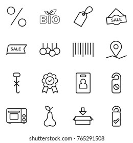Thin line icon set : percent, bio, label, sale, bar code, geo pin, do not hook sign, medal, identity card, distrub, grill oven, pear, package, please clean