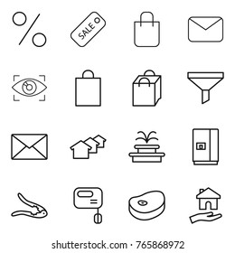Thin line icon set : percent, sale, shopping bag, mail, eye identity, funnel, houses, fountain, fridge, walnut crack, mixer, steake, housing
