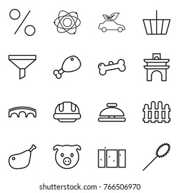 Thin line icon set : percent, atom, eco car, basket, funnel, chicken leg, bone, arch, bridge, building helmet, service bell, fence, pig, clean window, duster
