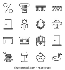 Thin line icon set : percent, column, bridge, door, perishable, hawaiian wreath, restaurant, table, wardrobe, dresser, rocking chair, floor lamp, cupcake, goose