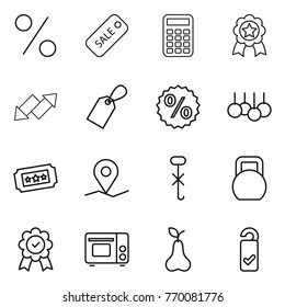 Thin line icon set : percent, sale, calculator, medal, up down arrow, label, ticket, geo pin, do not hook sign, heavy, grill oven, pear, please clean