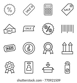 Thin line icon set : percent, sale, calculator, label, bar code, ticket, info, medal, cargo top sign, identity card, package, do not distrub