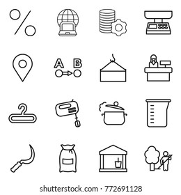 Thin line icon set : percent, notebook globe, virtual mining, market scales, geo pin, route a to b, loading crane, reception, hanger, mixer, steam pan, measuring cup, sickle, flour, utility room