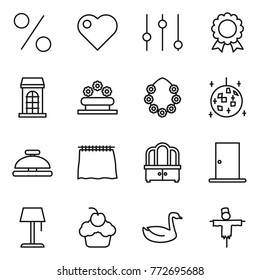 Thin line icon set : percent, heart, equalizer, medal, building, flower bed, hawaiian wreath, disco ball, service bell, curtain, dresser, door, floor lamp, cupcake, goose, scarecrow