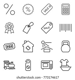 Thin line icon set : percent, sale, calculator, medal, label, bar code, ticket, smart house, sun potection, heavy, train, do not distrub, grill oven, handle washing